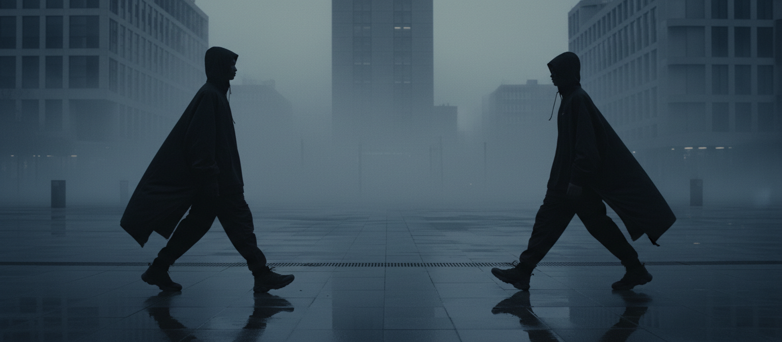 Two figures in dark streetwear walking across a foggy city plaza at blue hour