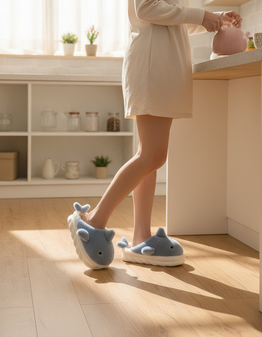 Light-blue plush shark scuffs worn in a sunny kitchen while making tea