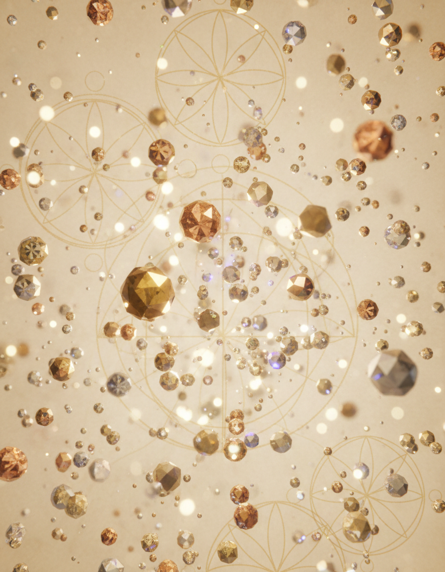 Luminous gold, silver and copper nanoparticle crystals floating over faint sacred geometry, as if seen through a microscope
