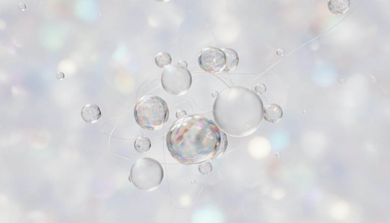 Translucent pearl-like cellular spheres suspended in soft lavender light