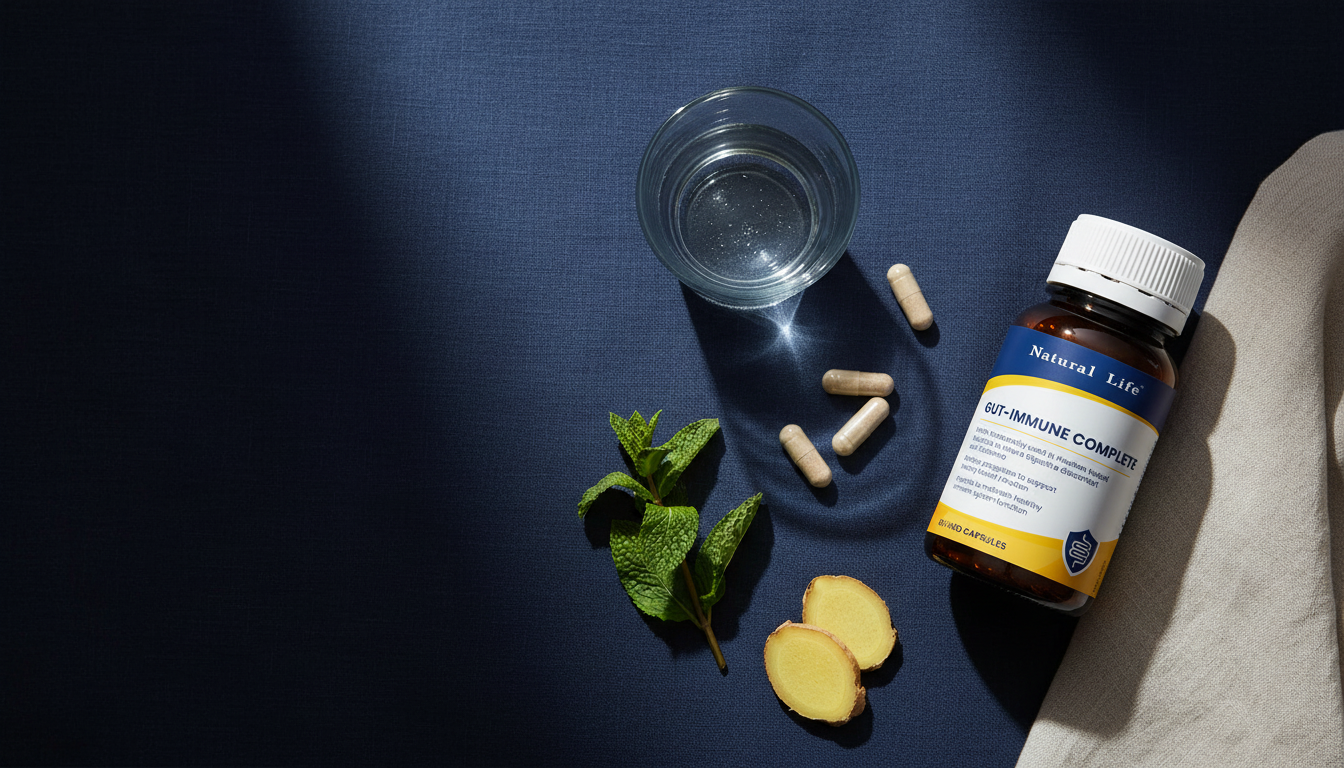 Gut-Immune Complete bottle on navy linen beside a glass of water, loose capsules, fresh mint and ginger