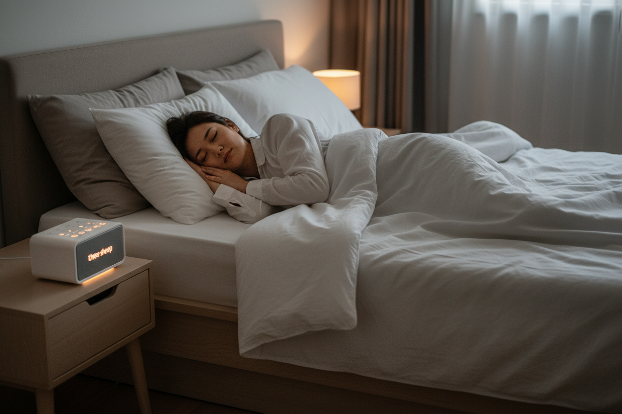 The same woman sleeping deeply with the sleep aid device glowing on her nightstand