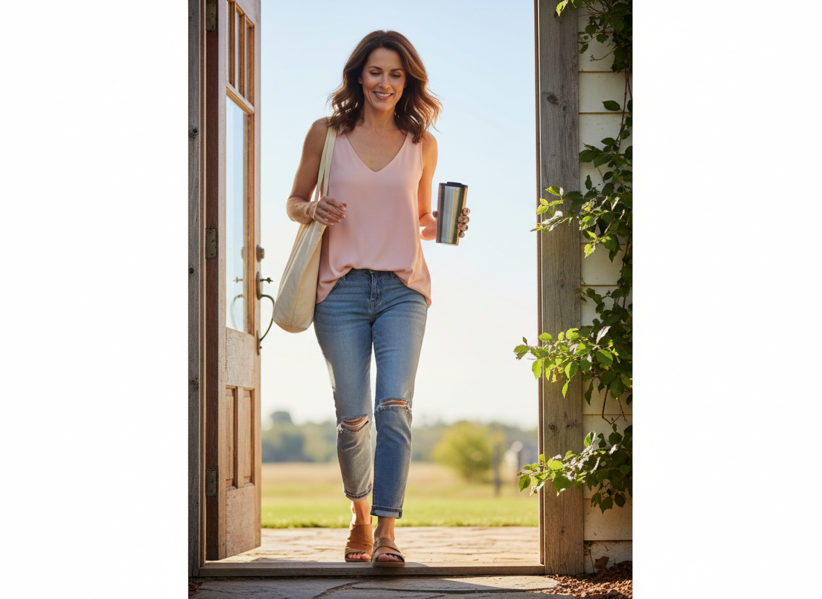 Woman heading out the door in the morning with a tote bag and coffee tumbler, smiling