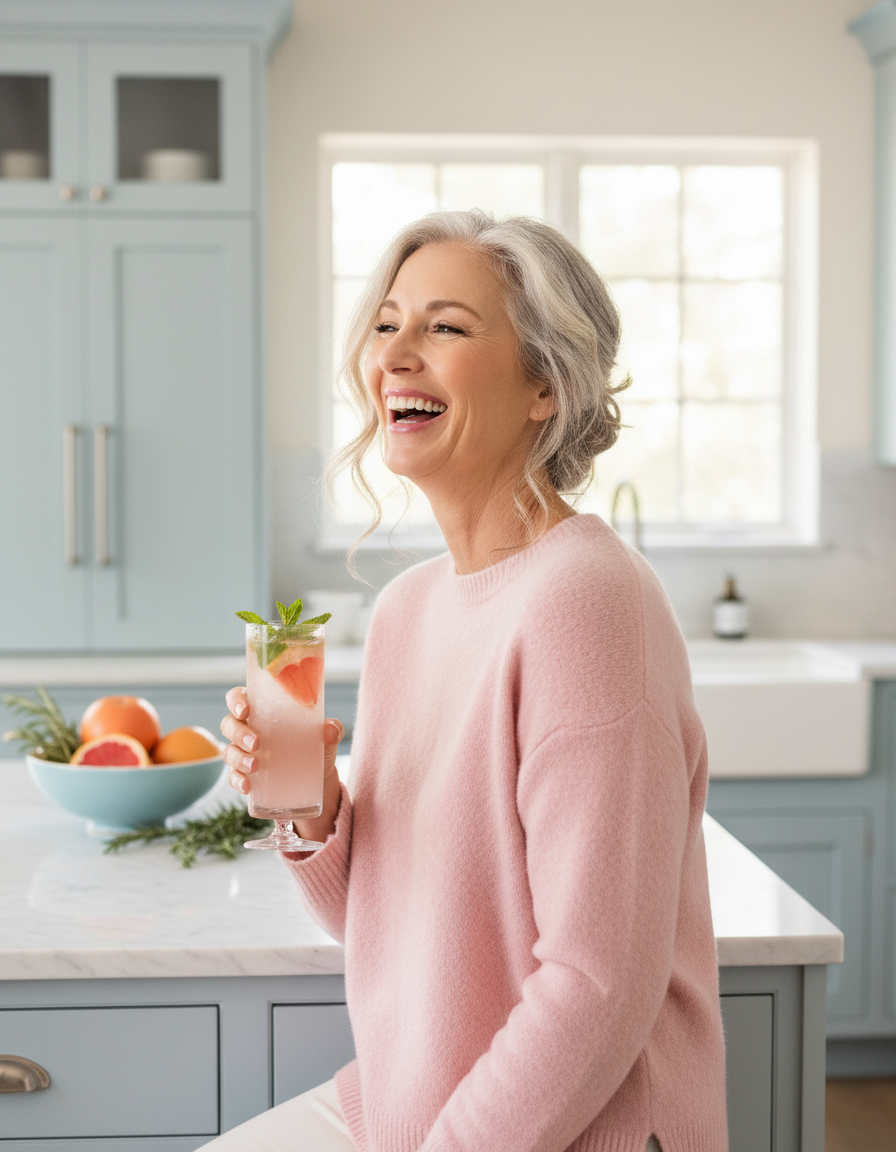 Smiling woman in her fifties relaxing at home with an iced pink drink in morning light