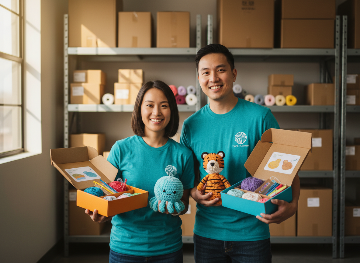 The founders holding crochet kits and crocheted animals