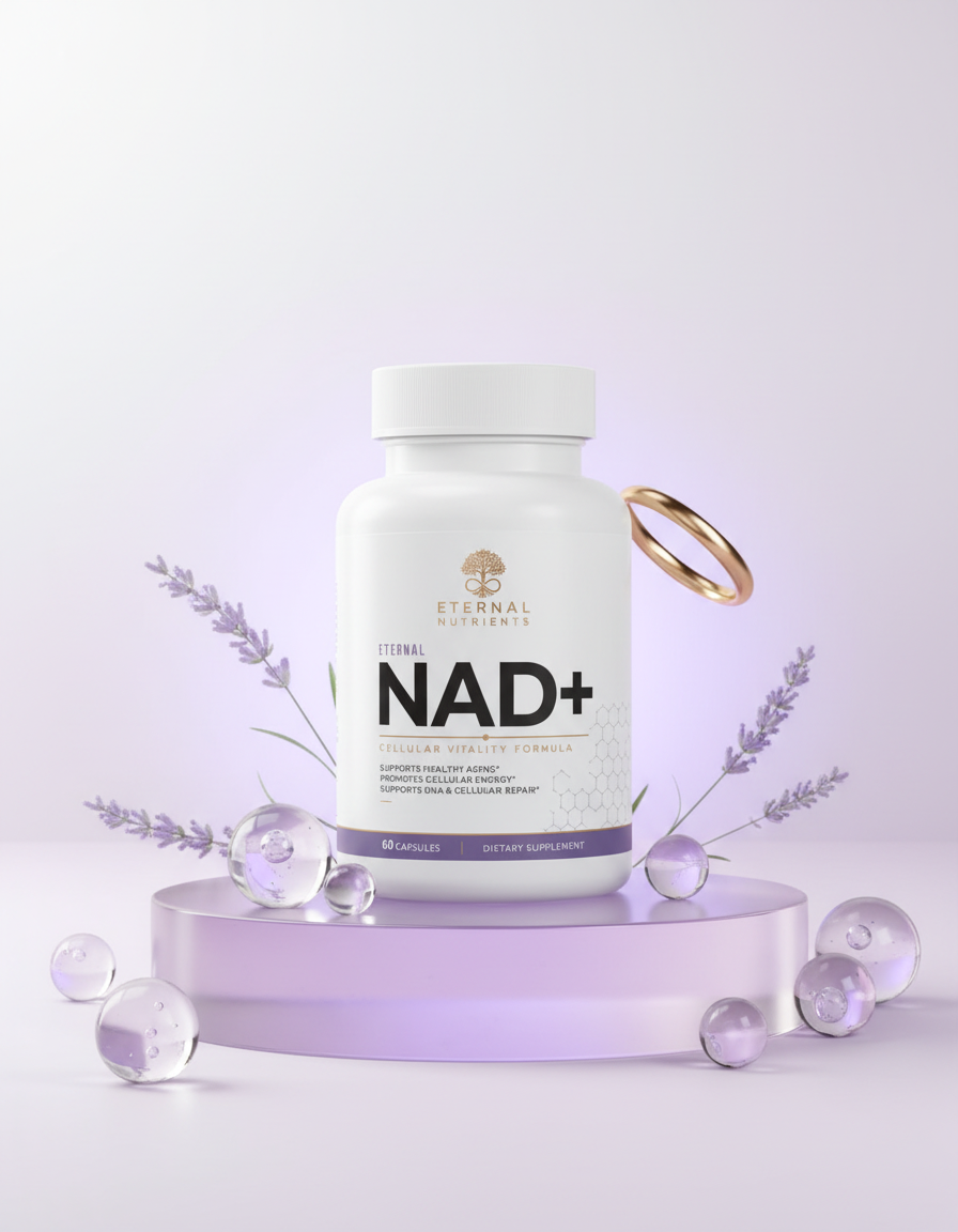 Eternal NAD+ bottle on a lavender glass pedestal with glass spheres, lavender sprigs and a gold ring