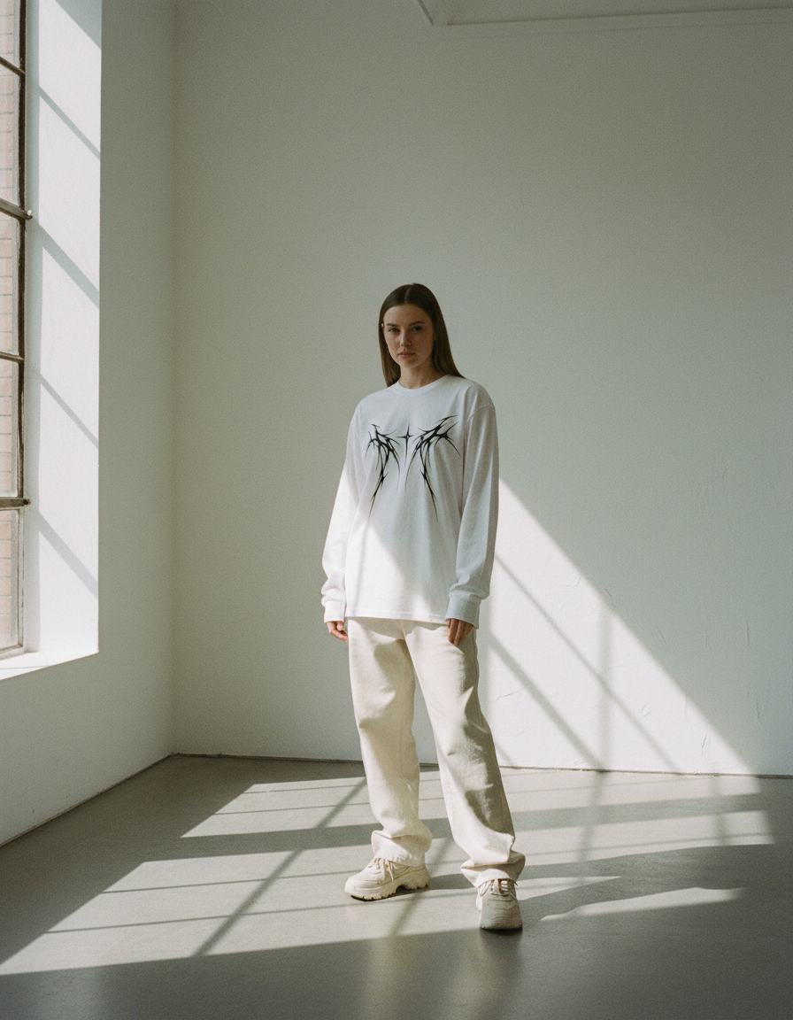 Model in the white long sleeve tee with black gothic graphic in a minimalist gallery