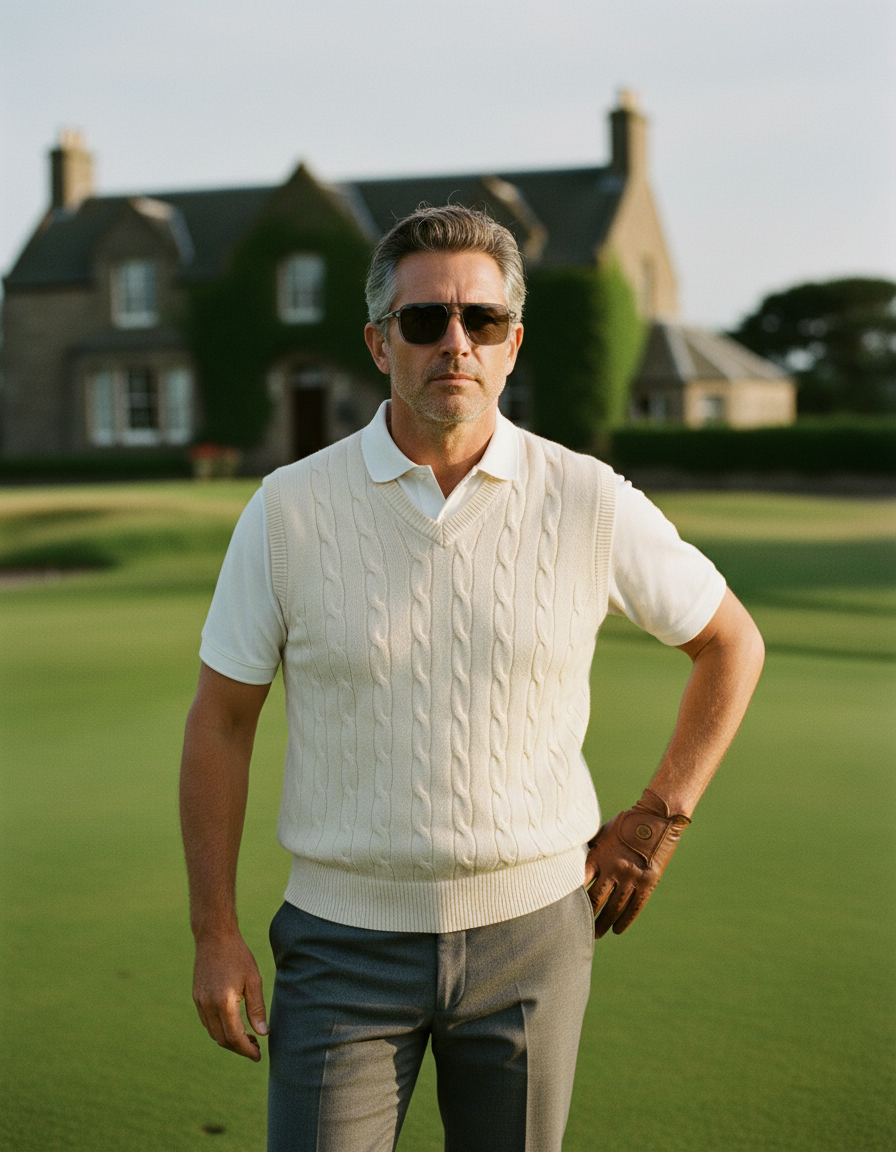 Gentleman in a cable-knit sweater vest wearing St Barts Sterling Polarised sunglasses on the fairway of a Scottish links course