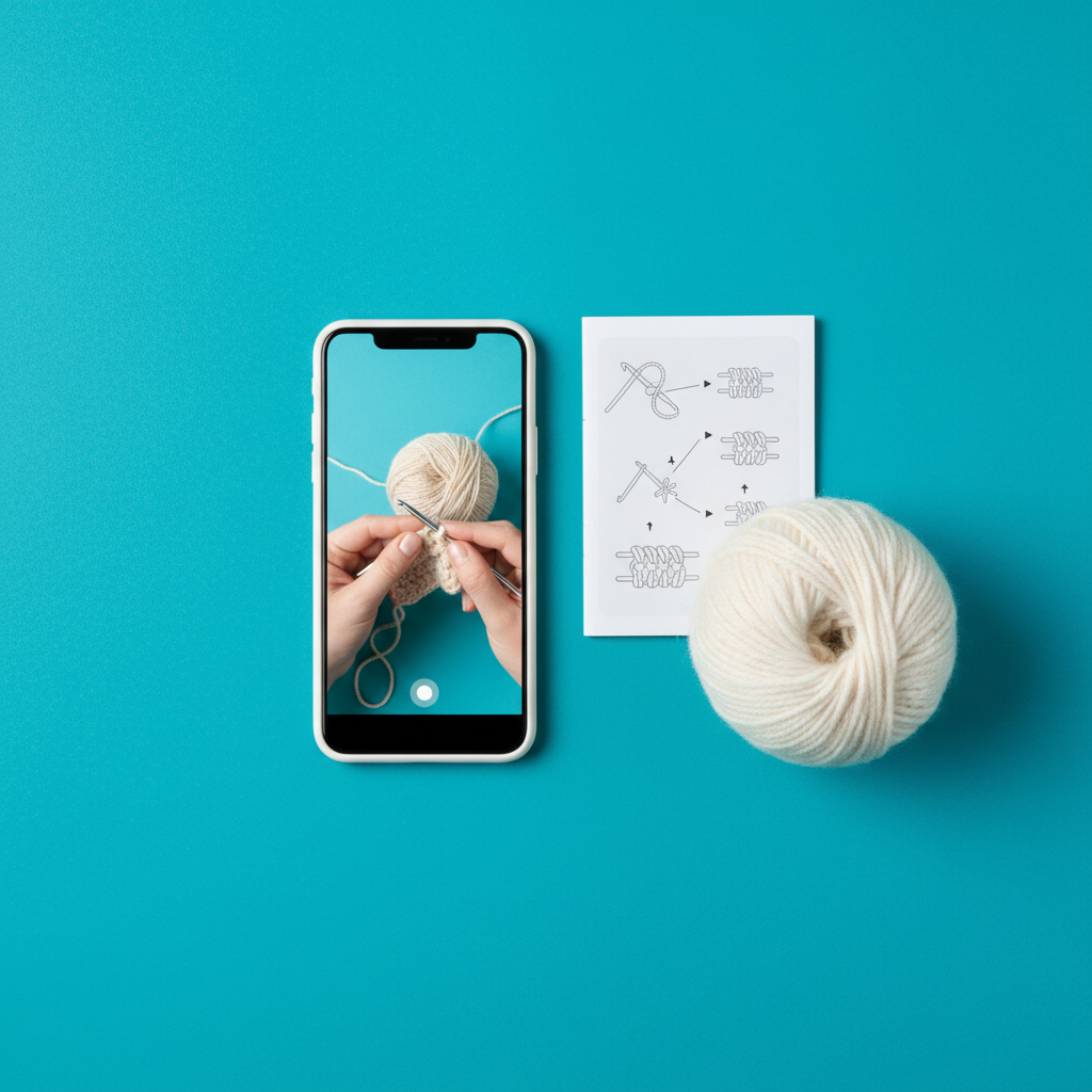 Phone showing a crochet video tutorial next to yarn