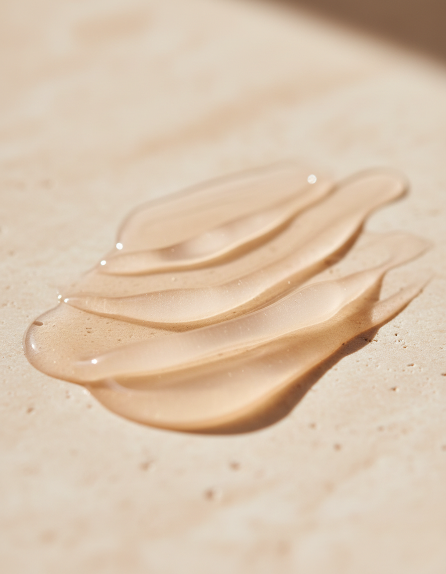 Milky, velvety serum swirl on warm cream stone