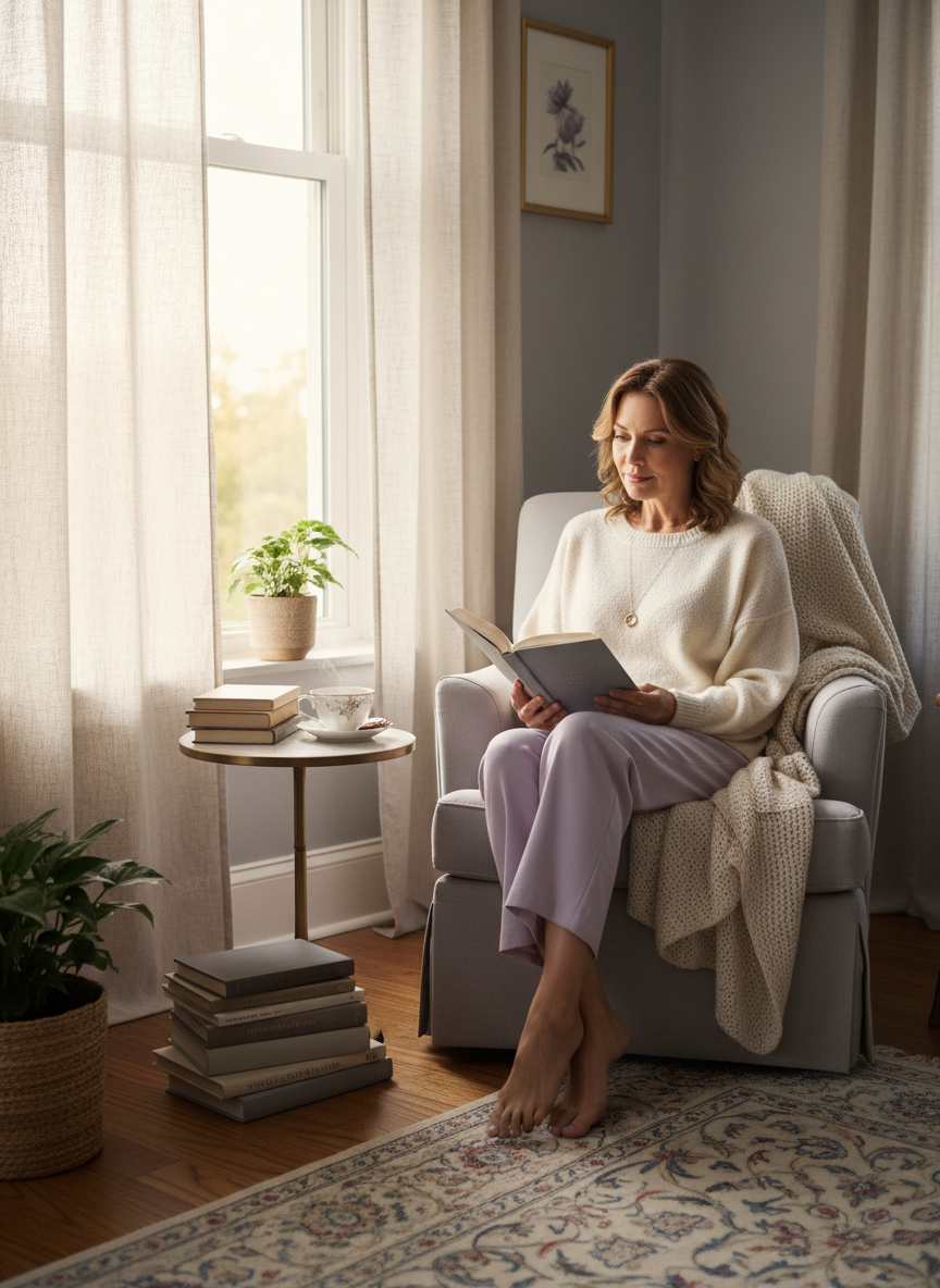 Woman in her fifties reading by a sunlit window with a cup of tea