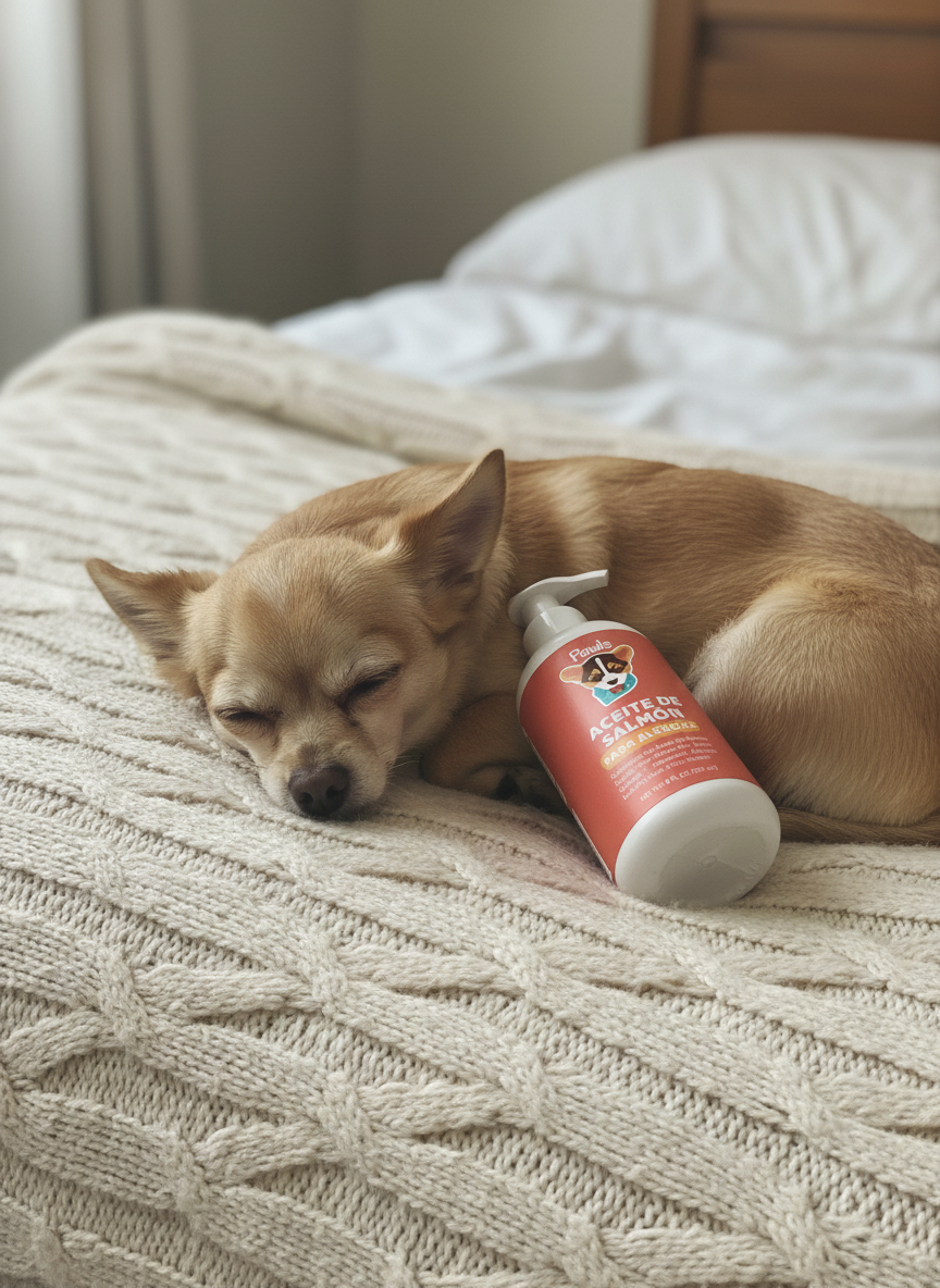 Perro pequeño descansando junto al probiótico Pawls