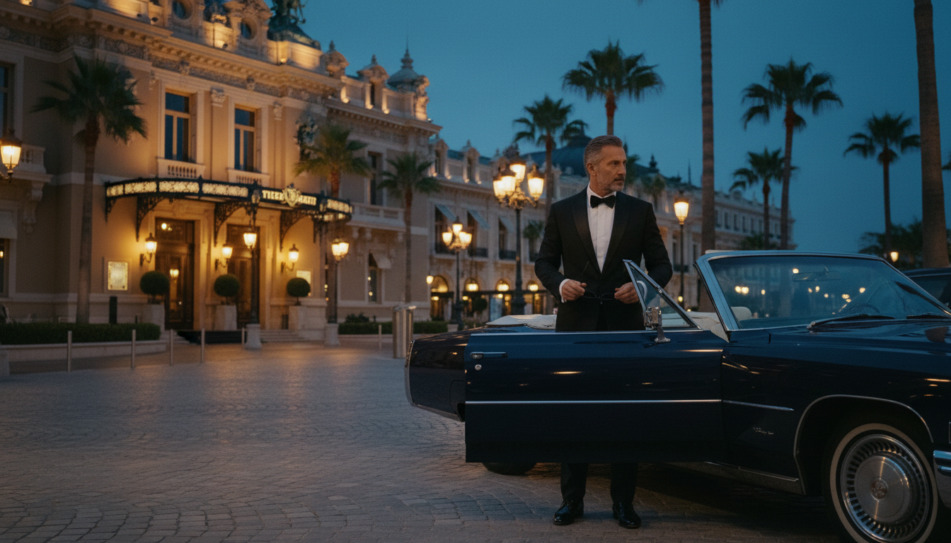 Man in a dinner jacket holding VZN sunglasses beside a vintage convertible outside a Monaco hotel at dusk
