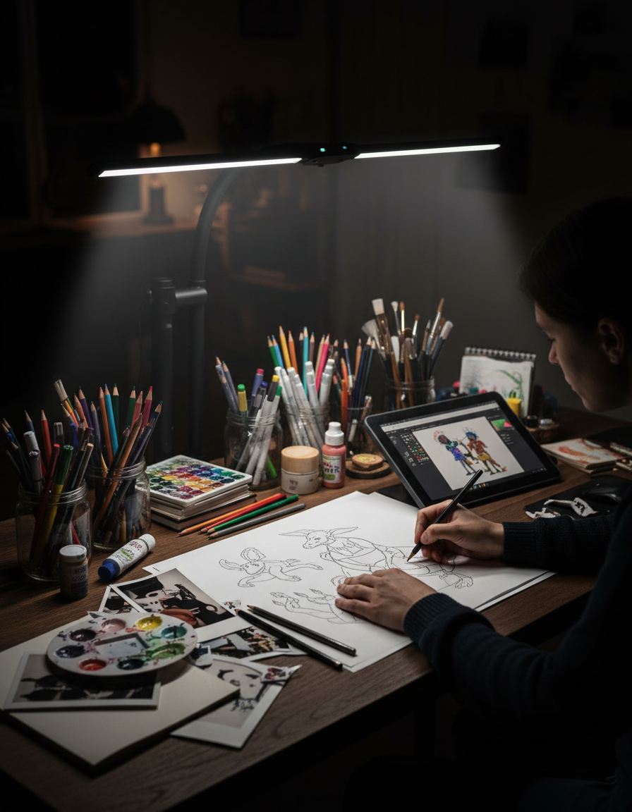 Hands sketching at a craft desk under a white dual-head LED lamp