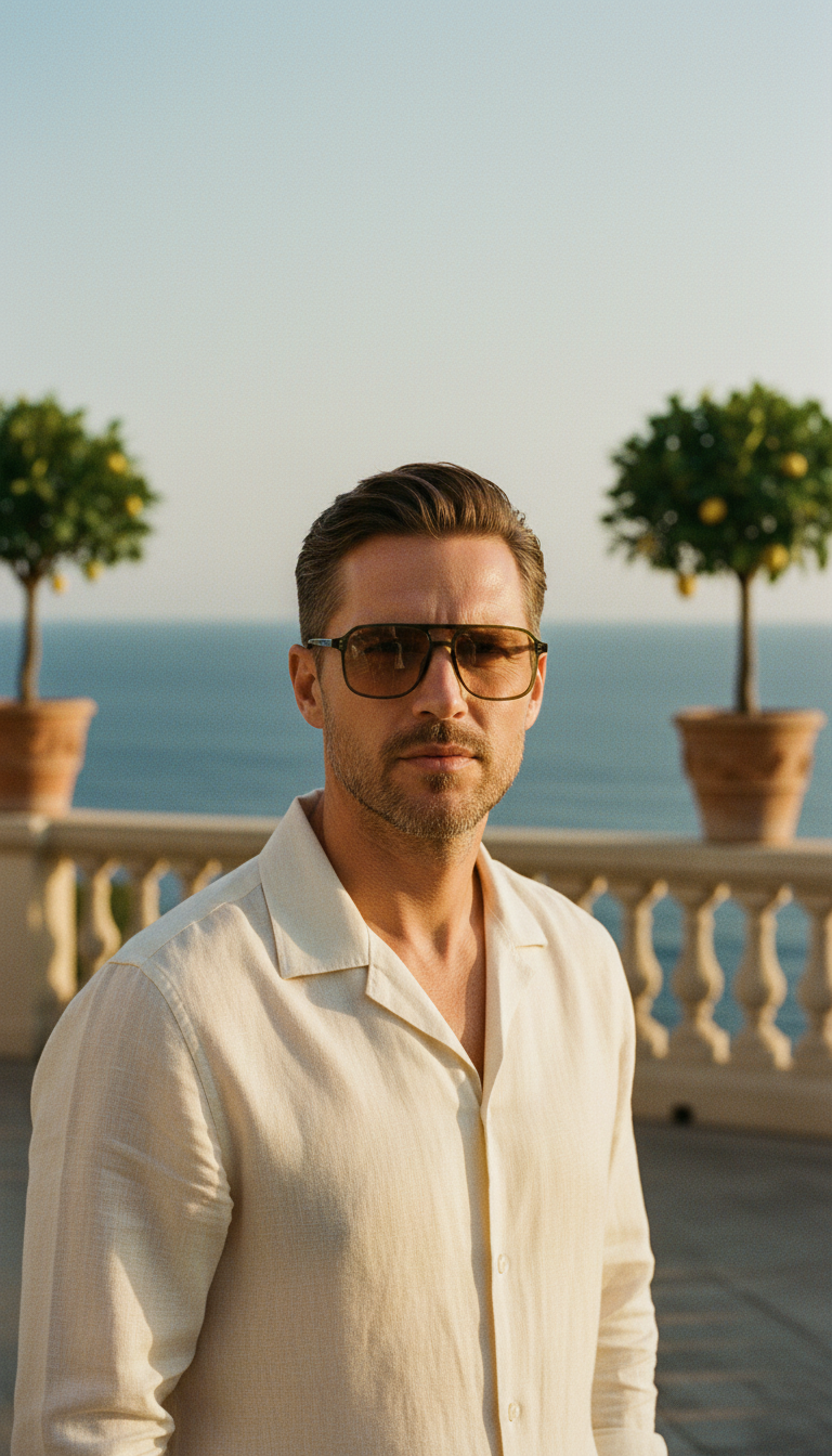 Man in a cream linen shirt wearing the St Barts Safari Polarised sunglasses on a Riviera villa terrace above the sea