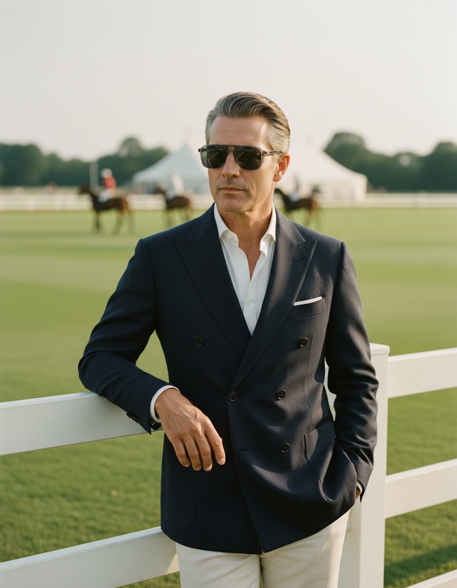 Gentleman in a navy double-breasted blazer wearing St Barts Sterling Polarised sunglasses at the rail of a summer polo field