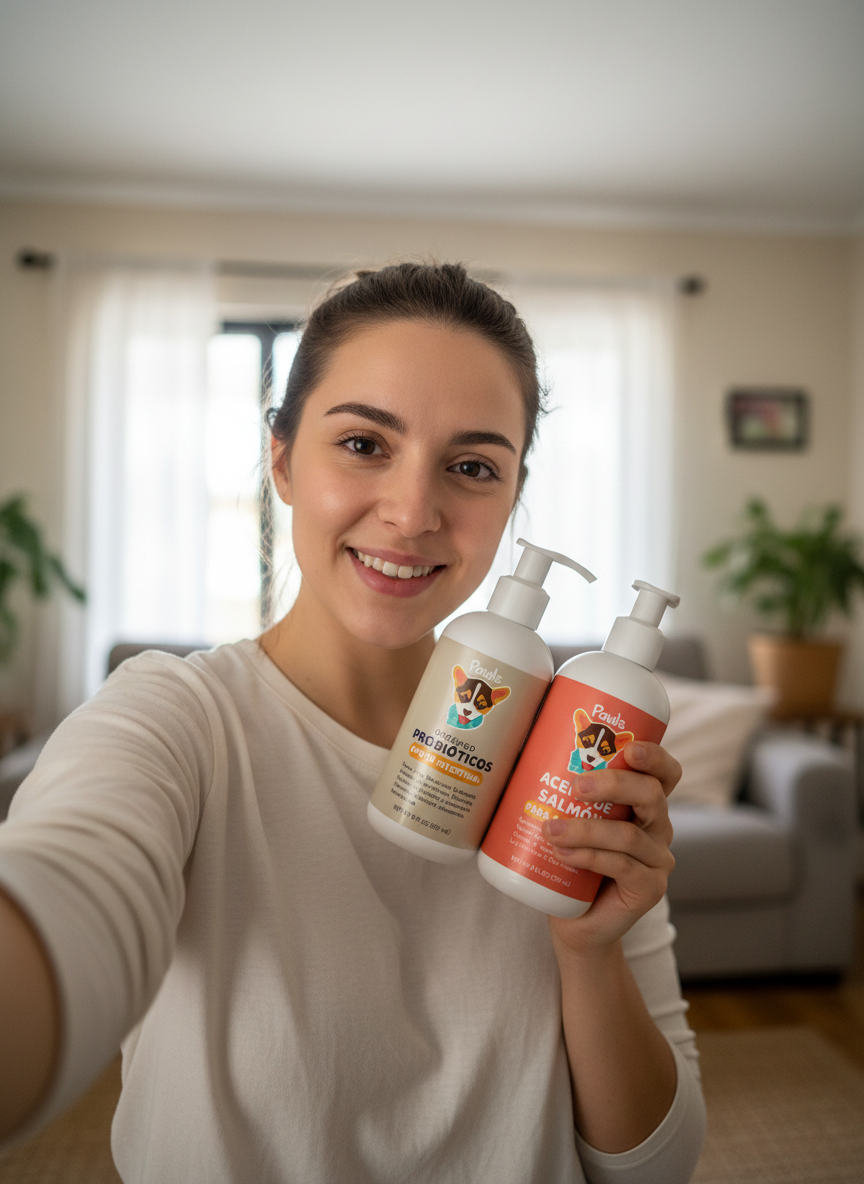 Clienta mostrando el Kit Natural Pawls