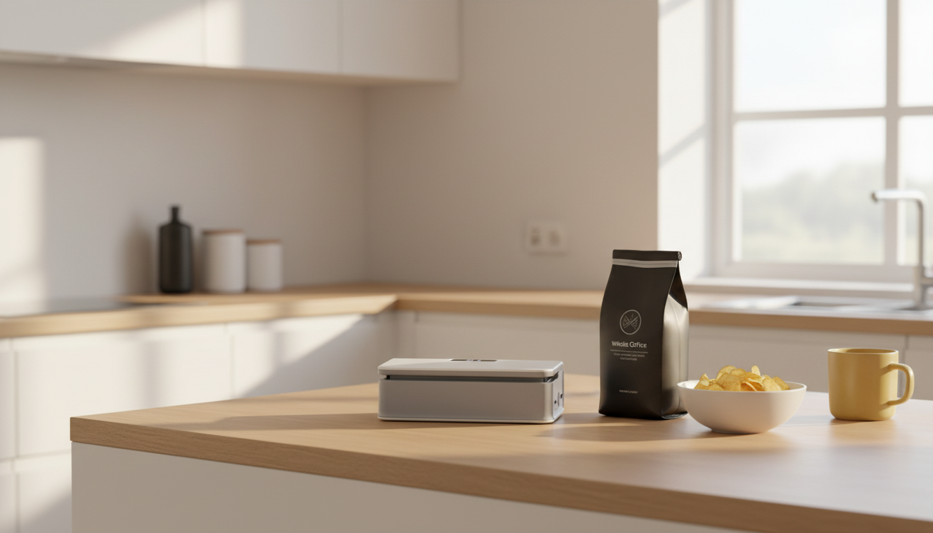 ZIPERO sealer on a sunny oak kitchen counter next to a resealed coffee bag and a bowl of chips
