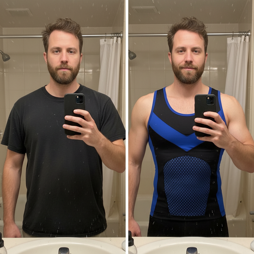 Mirror selfie before and after wearing the vest