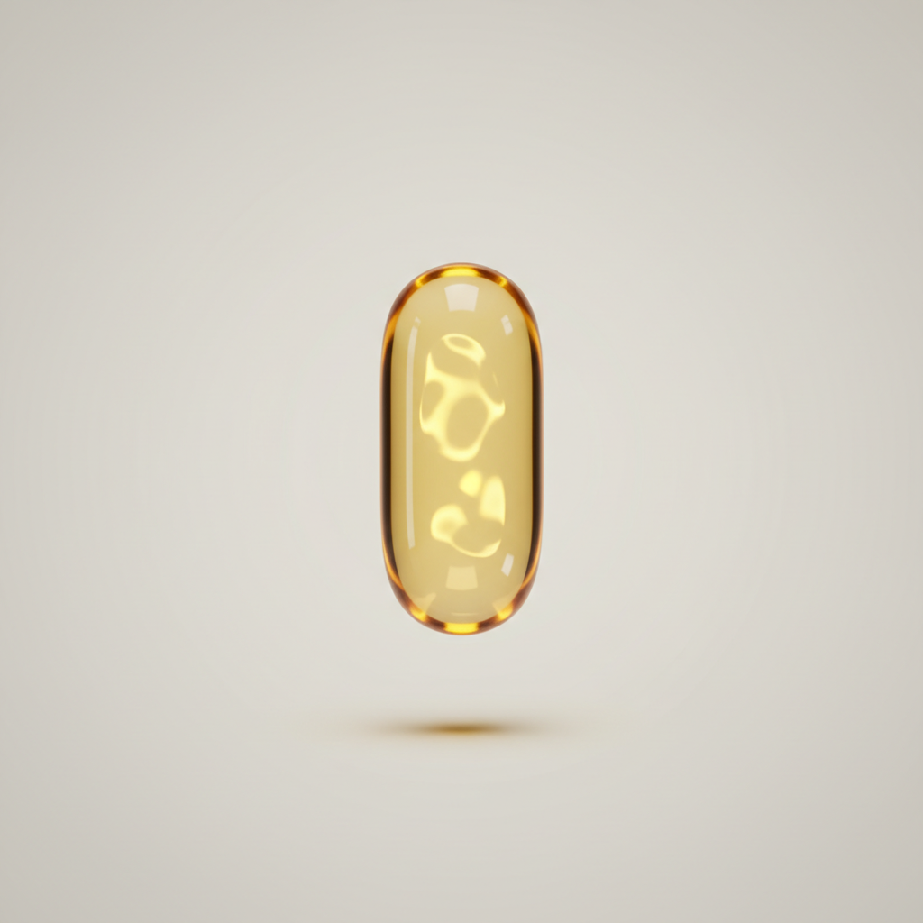 Close-up of one golden D3 + K2 softgel