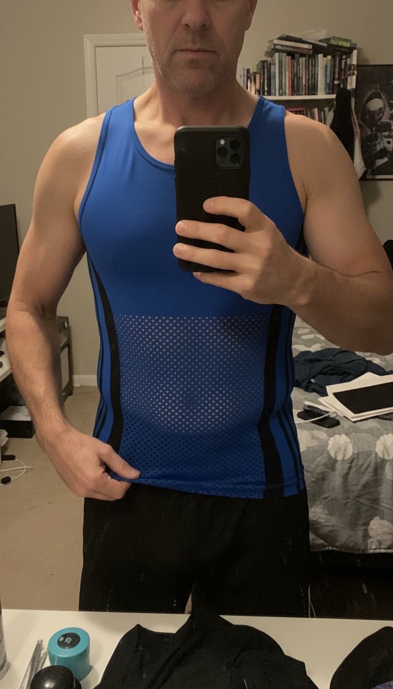 Customer checking the fit of the vest in his mirror