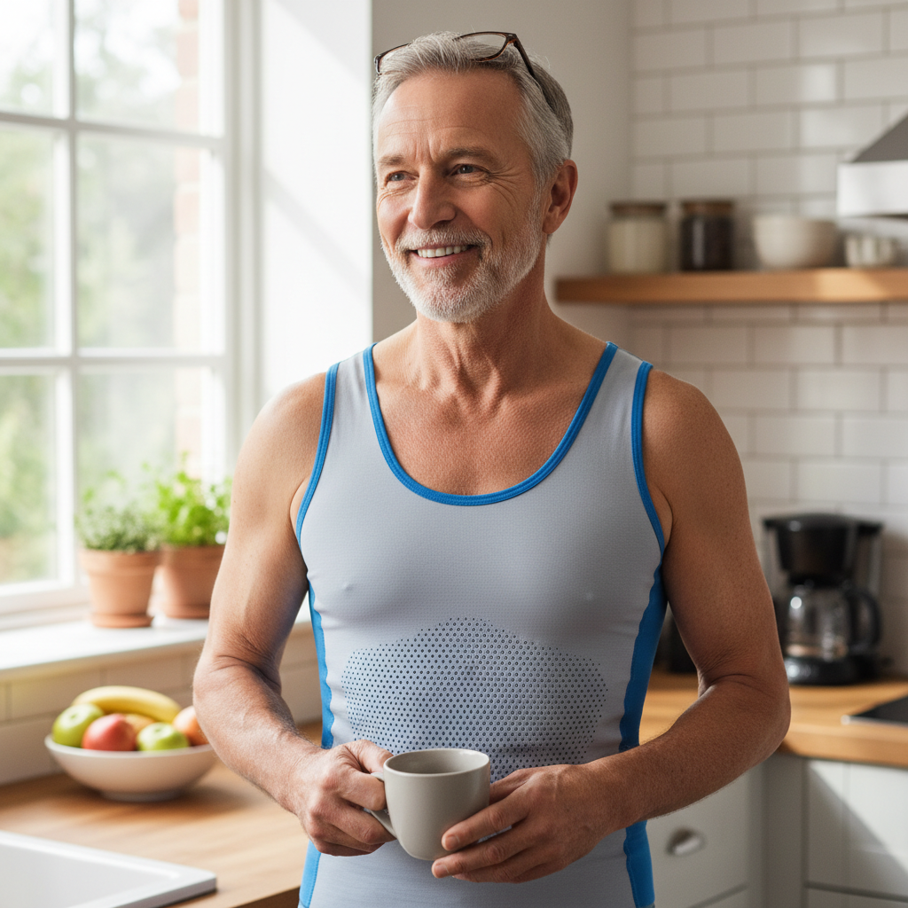 Smiling customer wearing the grey vest at home