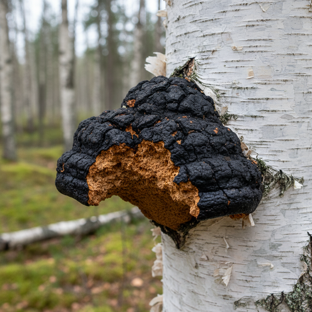 Chaga mushroom growing on a silver birch tree