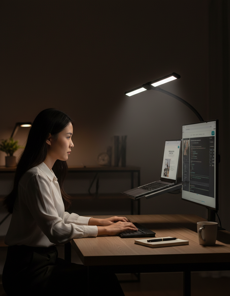 Person working late at a dual-monitor desk lit by the LED bar lamp
