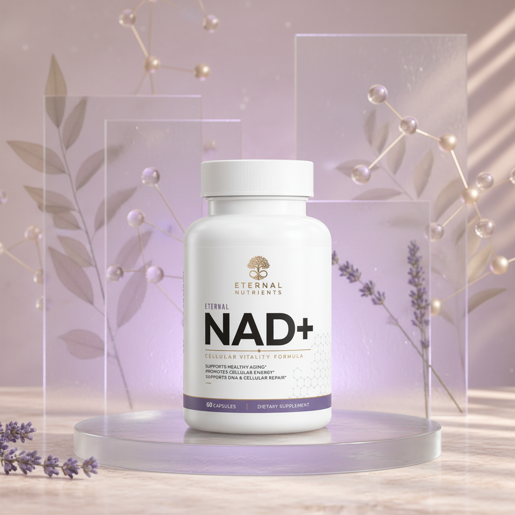 Eternal NAD+ bottle on a frosted glass disc surrounded by botanicals, lavender and fine molecular forms