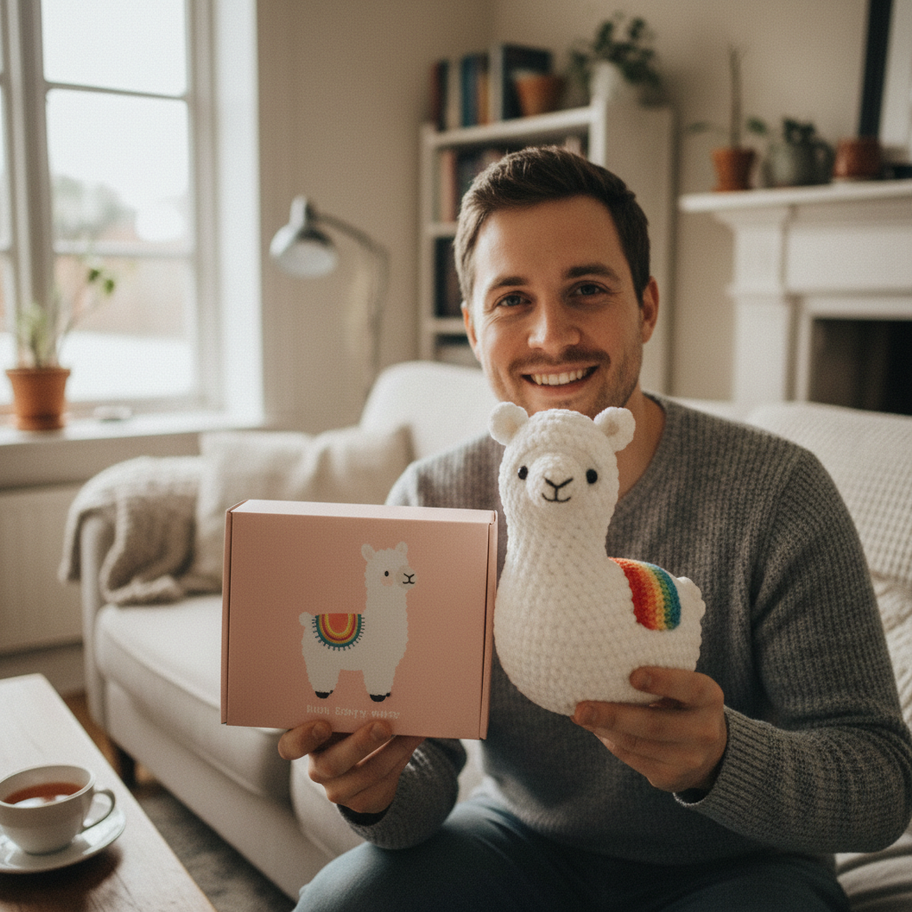 Customer holding a crochet kit box and a crocheted llama