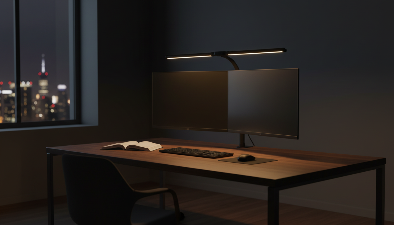 Home office at night lit by a black dual-head LED bar lamp above two monitors