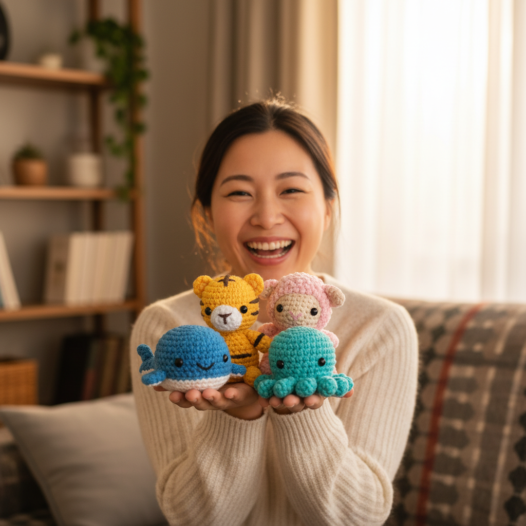 Customer showing off her crocheted animals