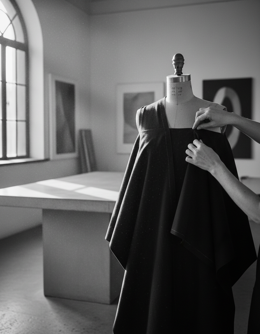 Designer’s hands pinning heavyweight black cotton on a mannequin in the D’Aurelle atelier