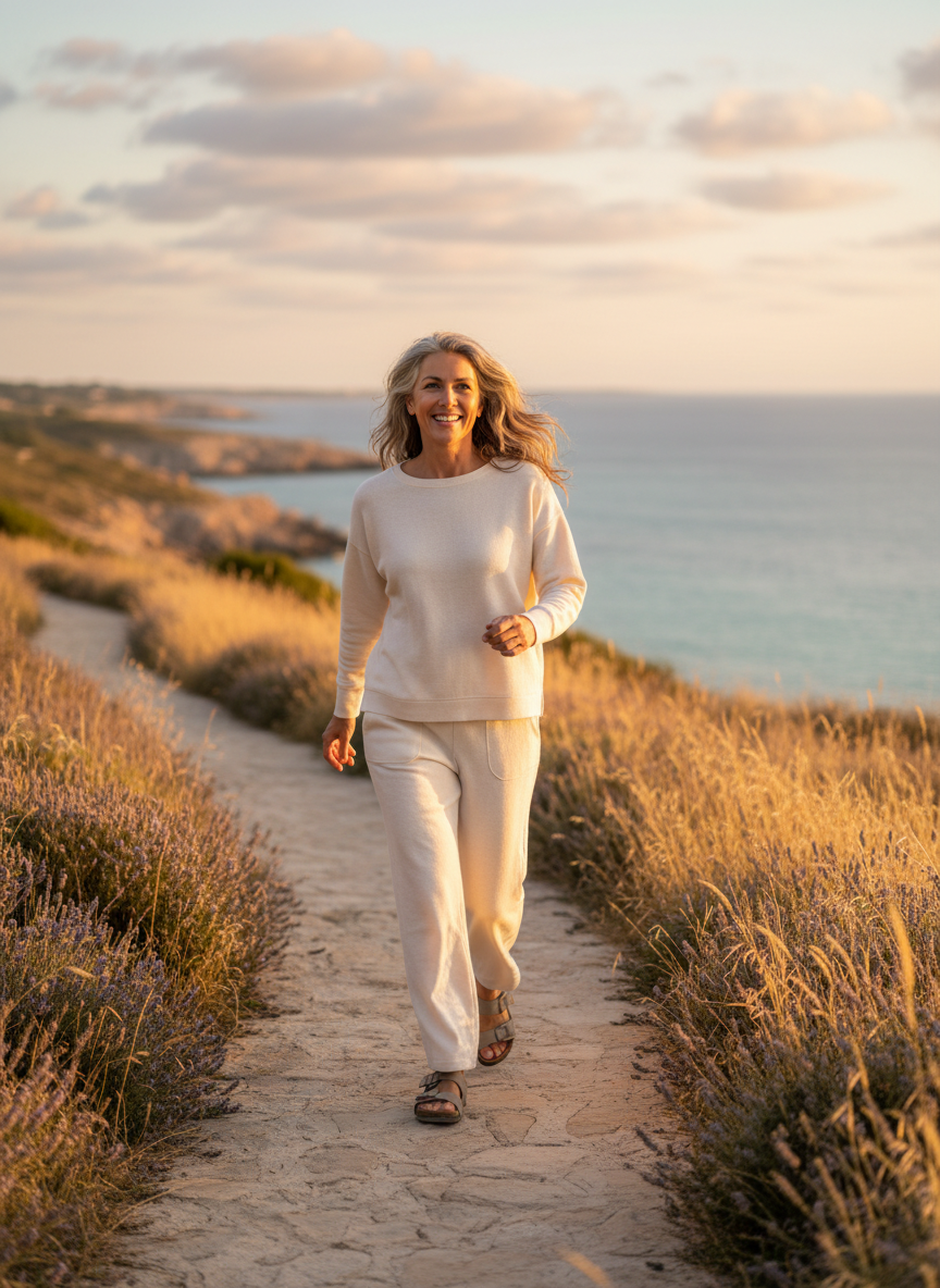 Woman in her late forties walking energetically along a coastal path at golden hour