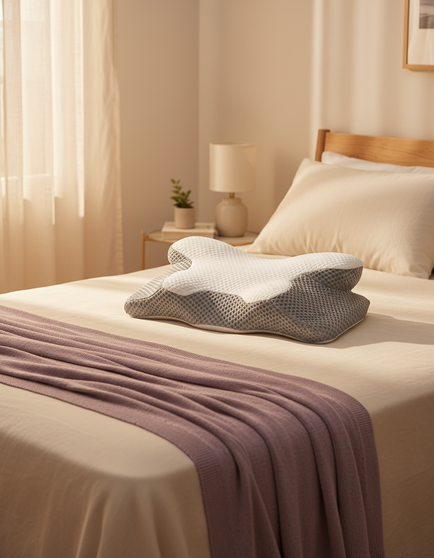 Zento orthopedic memory foam pillow on a bed made with cream linen in soft morning light