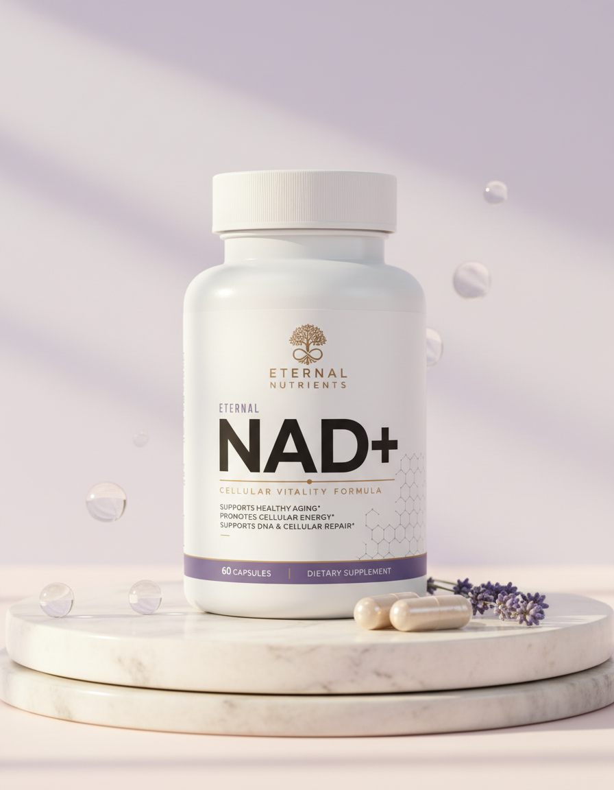 Eternal NAD+ bottle on a marble pedestal with lavender and softly floating cellular spheres