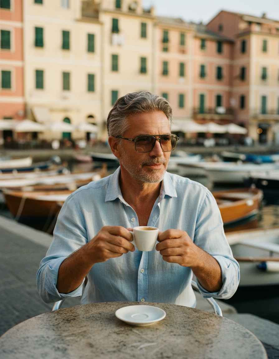 Gentleman in a blue linen shirt wearing St Barts Safari Polarised sunglasses with an espresso in Portofino harbour