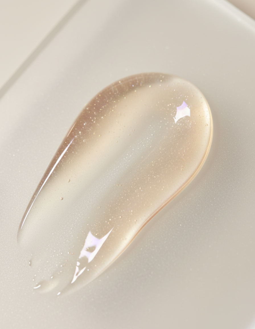Close-up of the silky, pearlescent serum texture on frosted glass