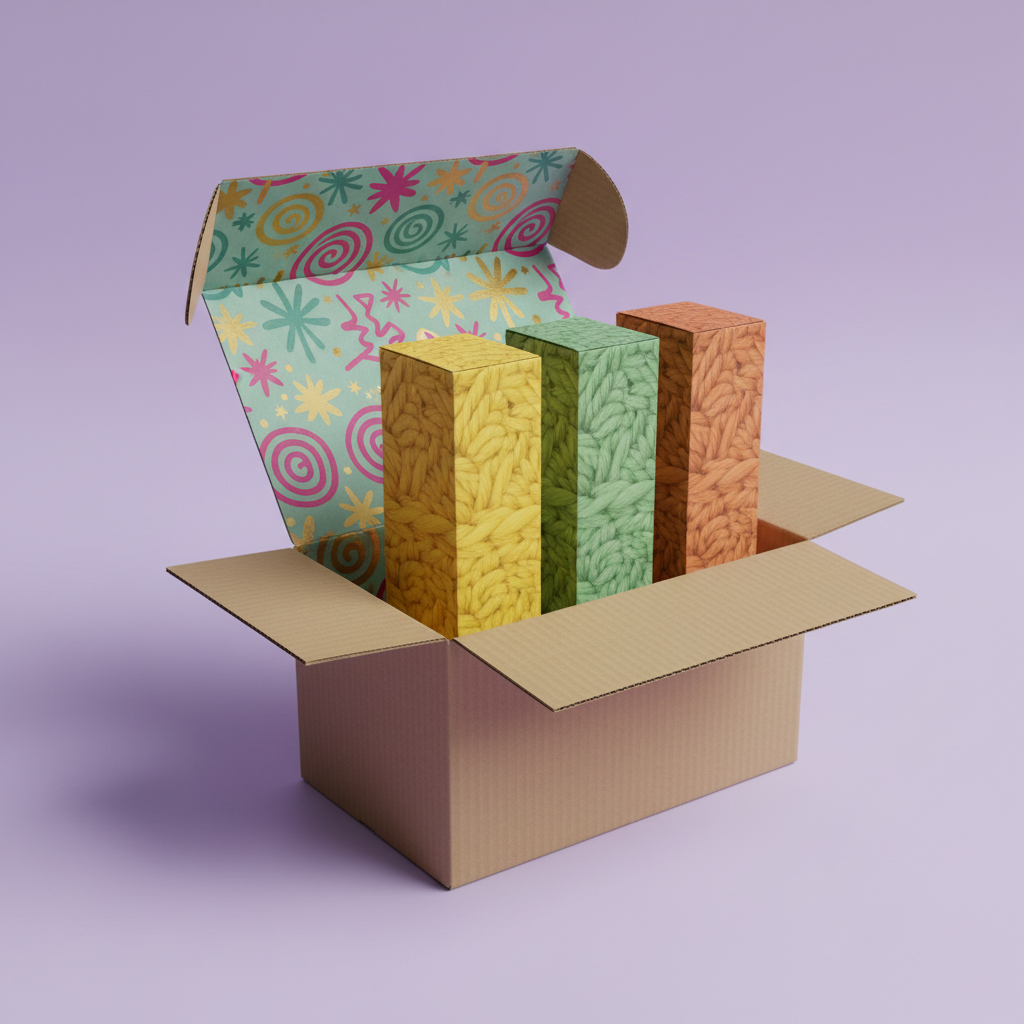 Open gift box revealing three crochet kits