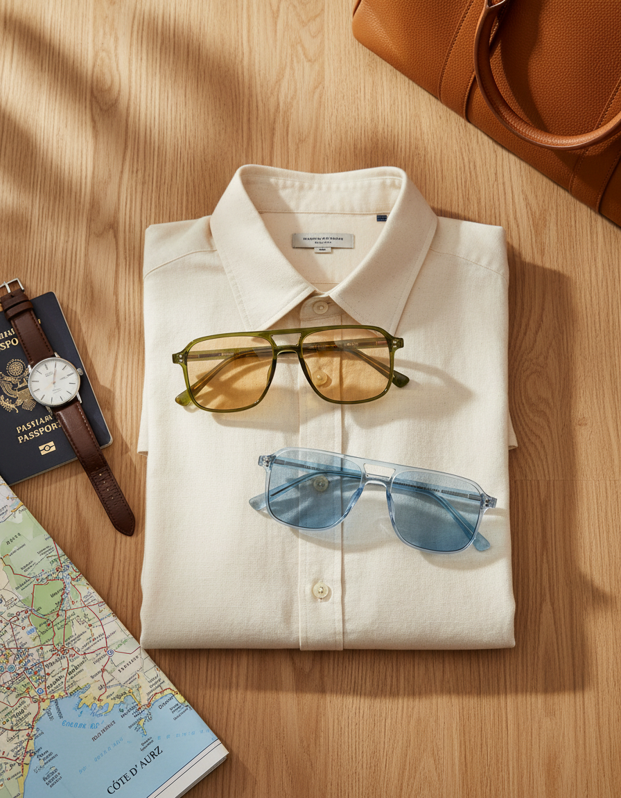 The Monaco Weekender: St Barts Safari and St Barts Azure sunglasses on a folded cream linen shirt beside a leather weekender bag, watch and passport