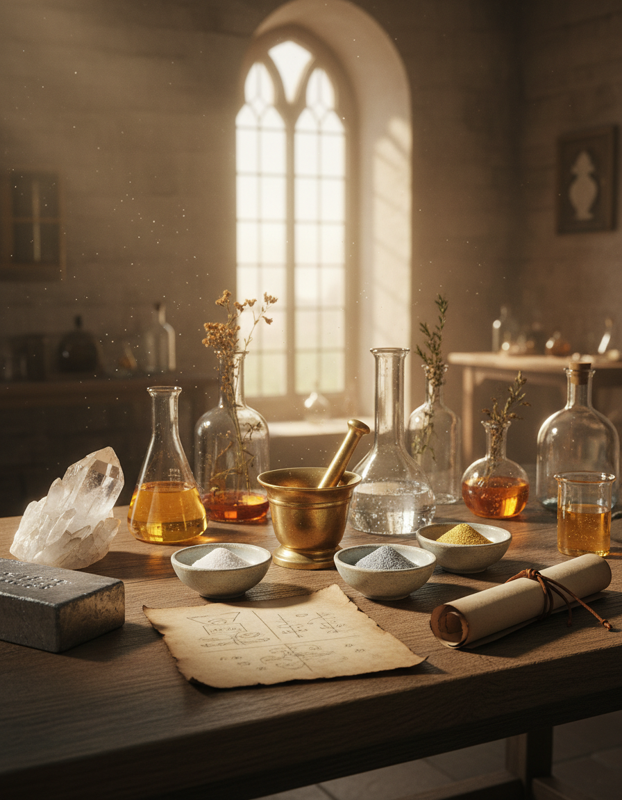 Die Werkbank eines Alchemisten mit Glasfläschchen, einem Mörser aus Messing, Mineralpulvern und einem Rohkristall im warmen Licht eines Fensters