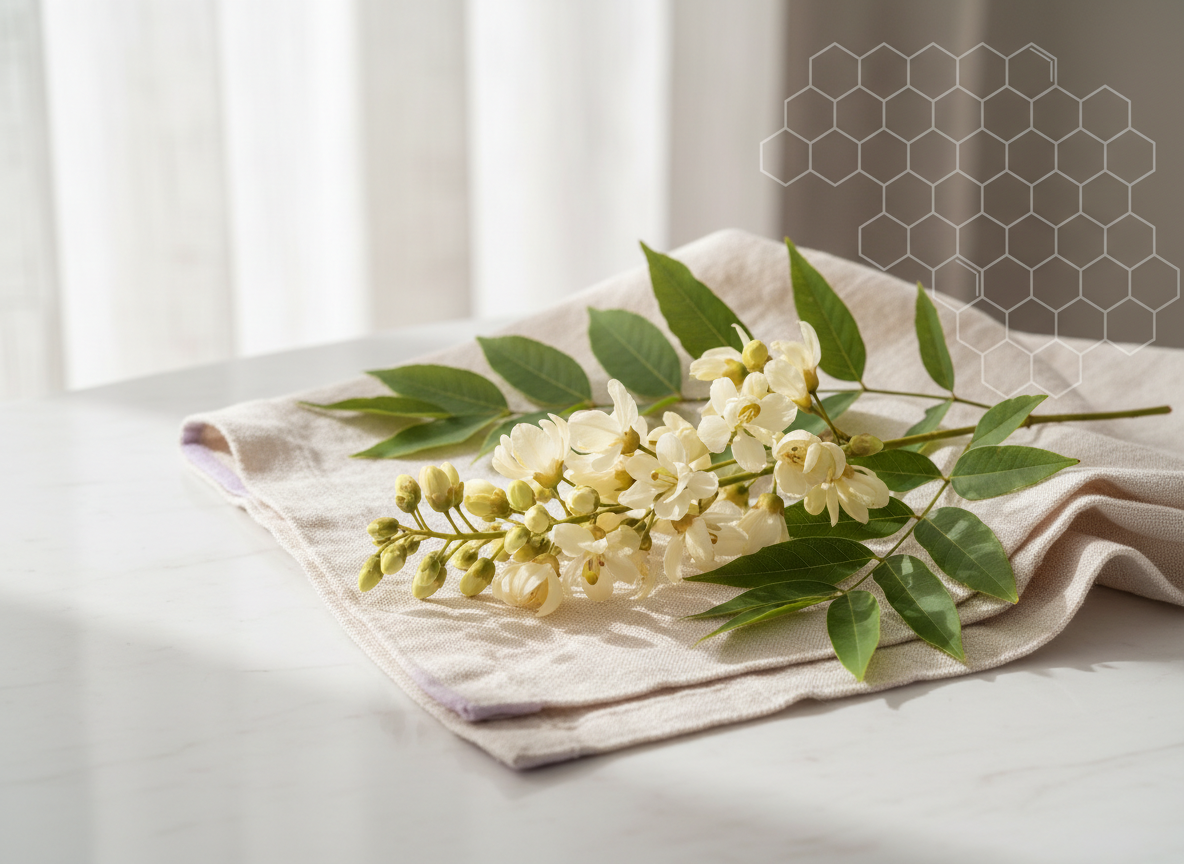 Pale yellow Sophora japonica flower buds and leaves on cream linen