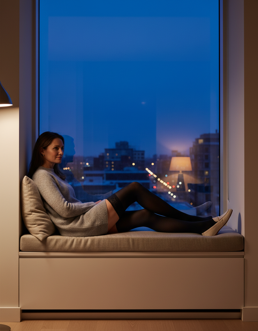 Woman relaxing on a window seat at dusk in Sigvaris Style Soft Opaque compression thigh-highs in Midnight Blue, with a deep blue evening sky and warm city lights behind her