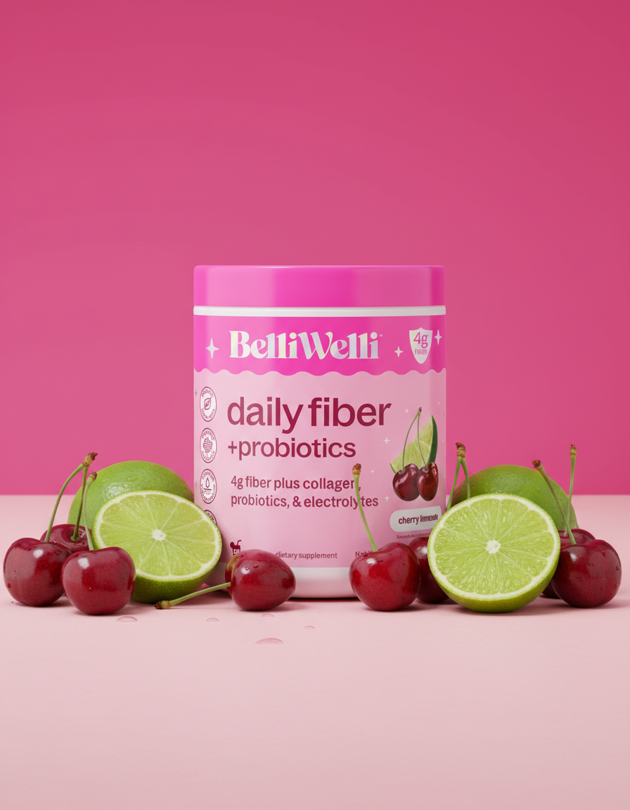Cherry Limeade Fiber Powder tub with fresh cherries and limes