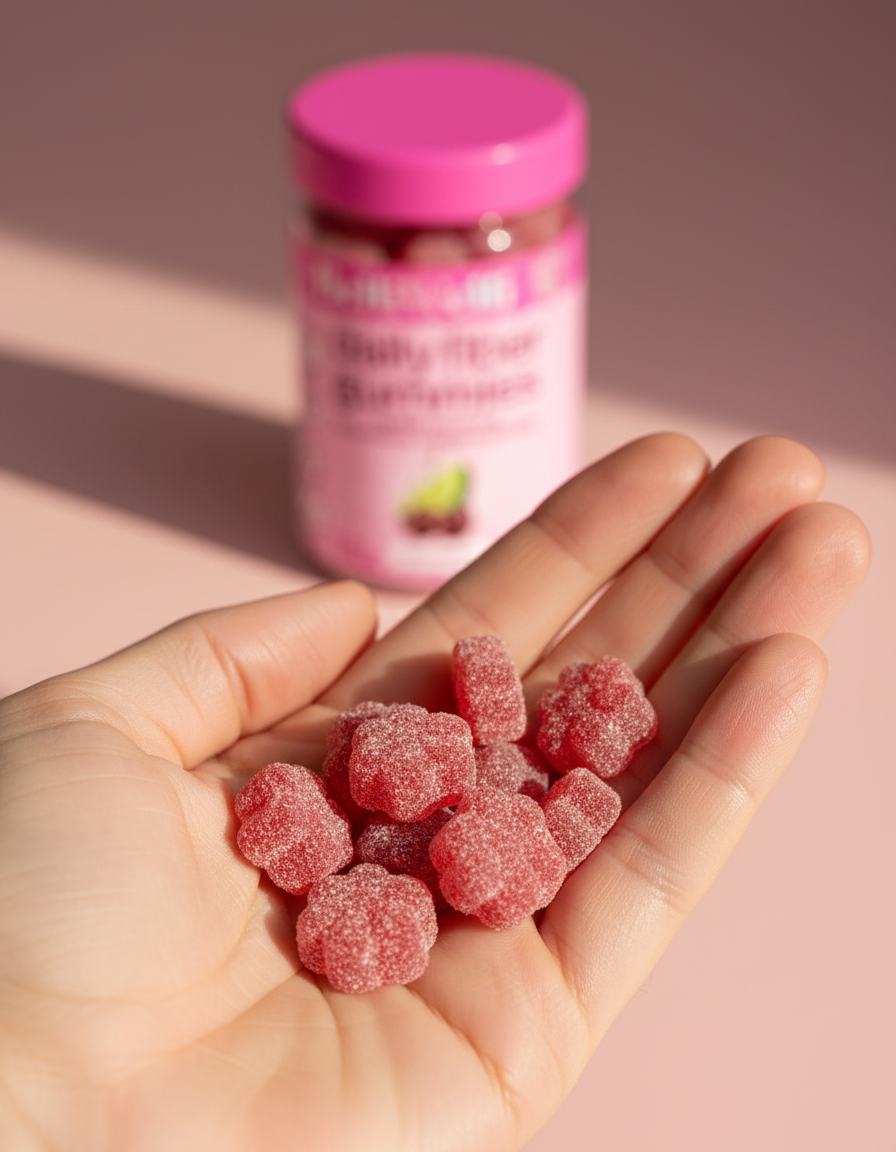 Close-up of sugared BelliWelli fiber gummies in an open hand