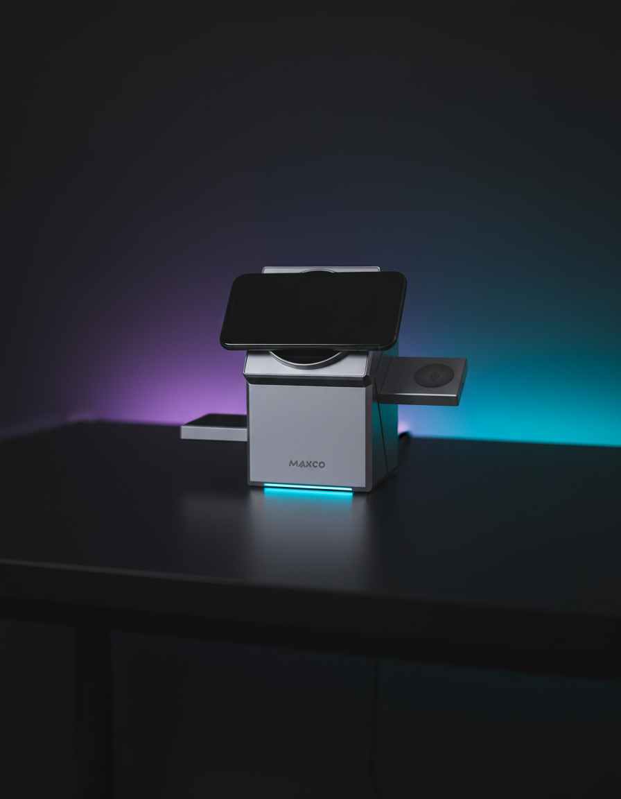 Silver 3-in-1 wireless charging dock on a dark desk
