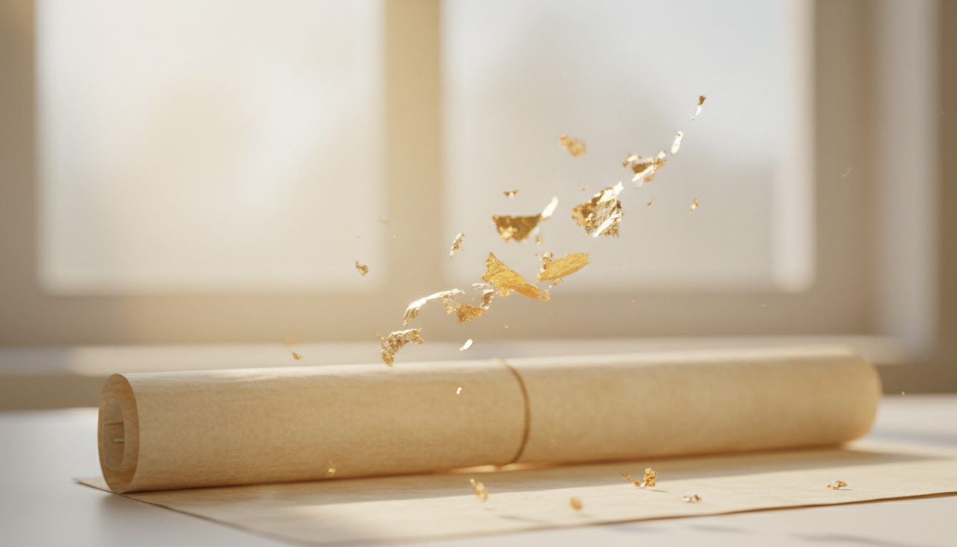 Delicate sheets of gold leaf floating above cream papyrus in soft morning light
