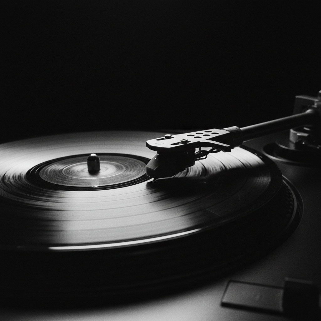 A turntable tonearm hovering over a spinning black vinyl record in a dark studio, lit by a single spotlight