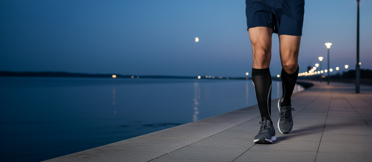 A man walking along a waterfront promenade at dusk in Sigvaris Motion High-Tech compression socks, with lamp posts glowing against a deep blue evening sky