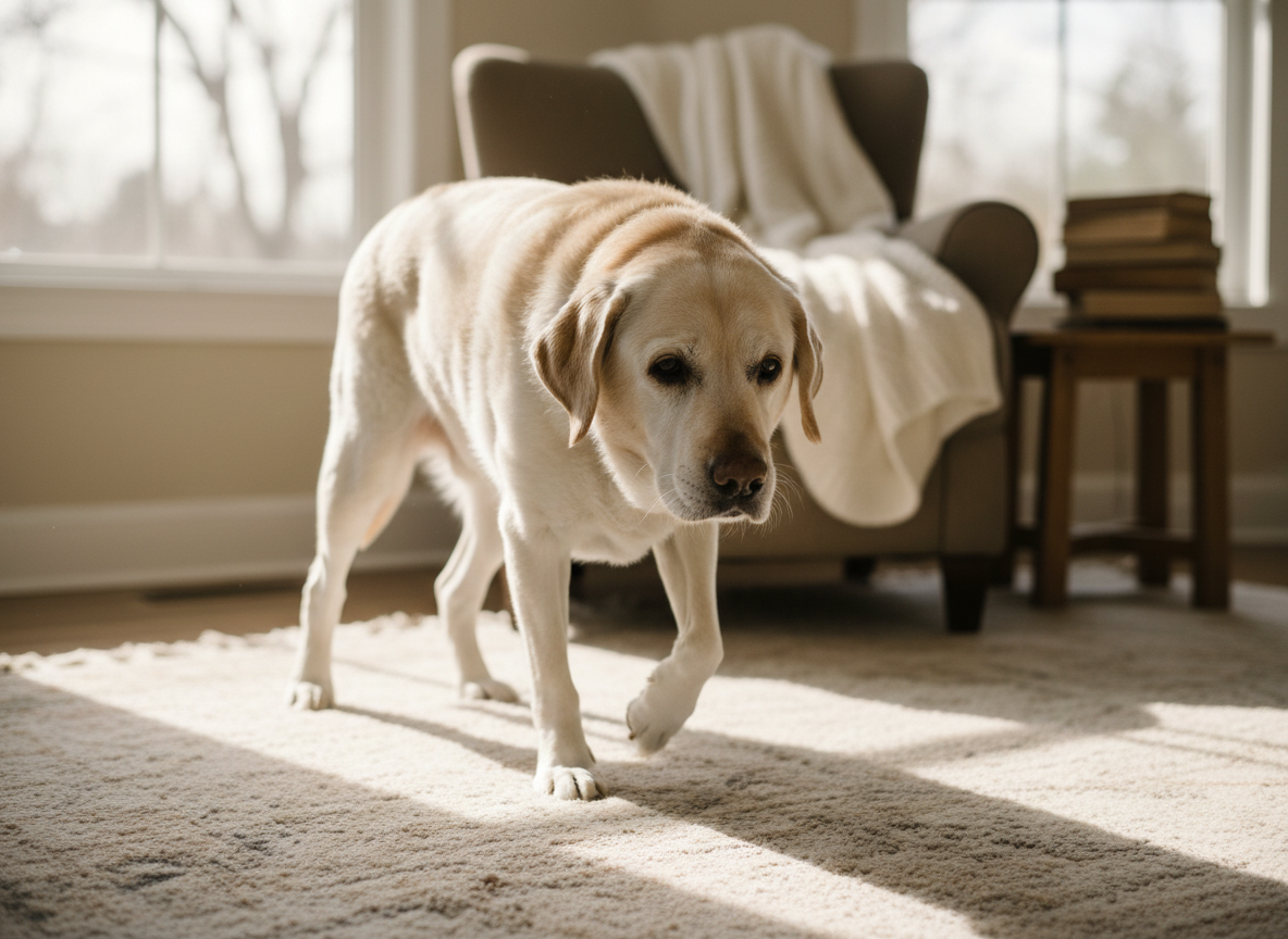 Labrador senior che muove i primi passi un po' rigidi dopo il riposo